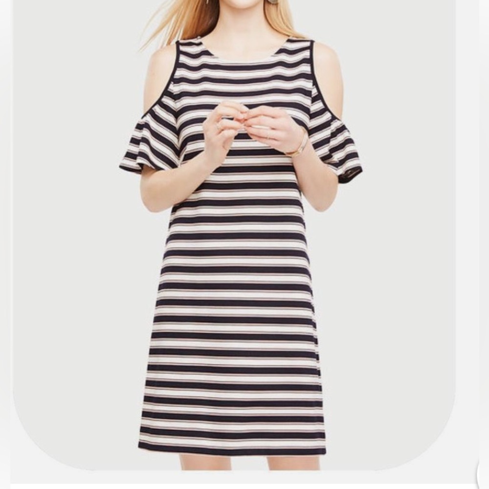 Striped Ann Taylor Cold Shoulder Black, Tan, and White Dress, size small